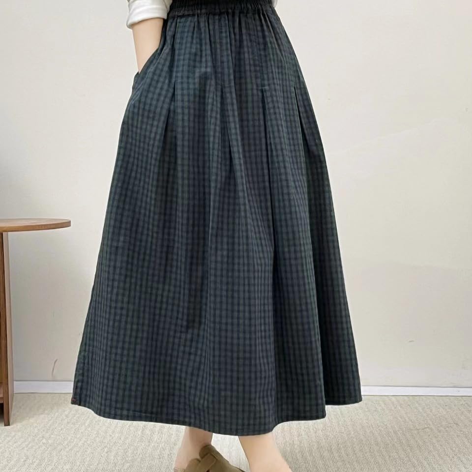 utcoco Women's Gingham Midi Skirt Elastic High Waist A-Line Flared Long Skirt for Casual Daily & Office Wear2