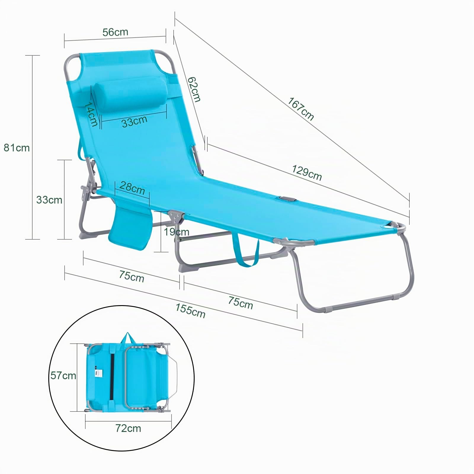 SoBuy Sdraio Pieghevole Portata fino a 110kg 155x56x81cm Giardino | sedia relax con schienale 4 posizioni, cuscino e tasca laterale, tessuto traspirante OGS35-B
