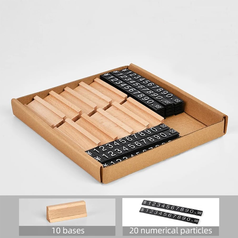 Lot de 10 présentoirs de prix en bois - Cube d'affichage numérique - Lettres - Étiquettes de prix réglables avec base en bois de hêtre