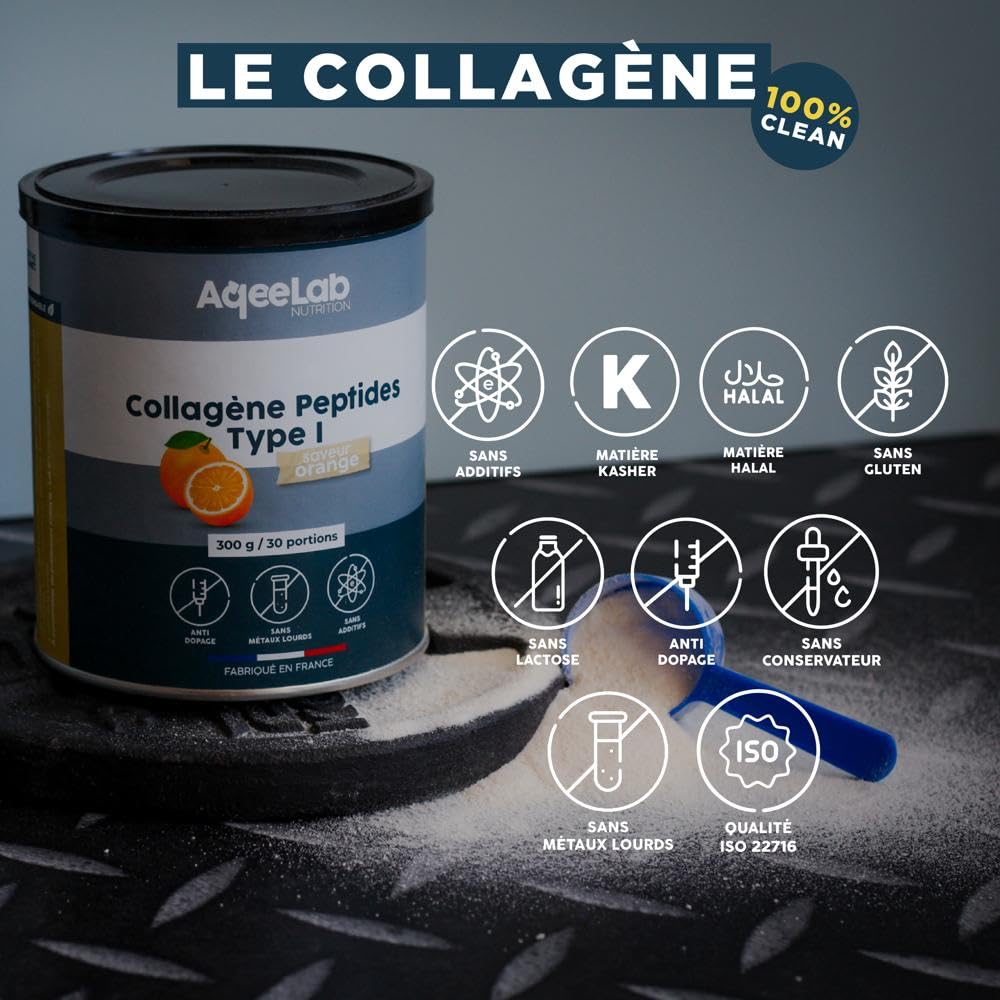 Peptides de Collagène Peptan® - 300 g, Orange - Qualité prouvée, produit breveté - Articulations & Tendons - Testé en labo indépendant - Made in France - Marque écoresponsable - AqeeLab Nutrition