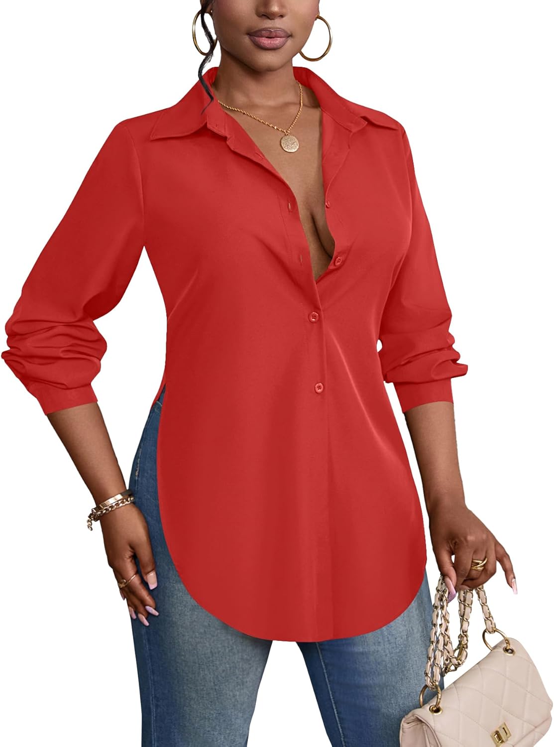 Rooscier Women's Collar V Neck Long Sleeve Slit Side Button Down Long Shirt Blouse Top - Image 4