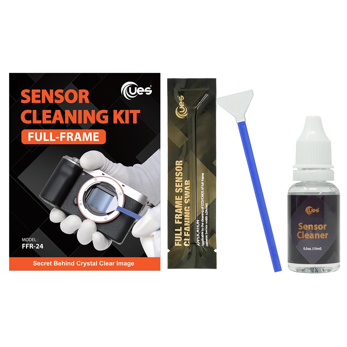 UES FFR24 DSLR Digital Camera Full-Frame Sensor Cleaning Kit, Compatible with Sony, Nikon, Canon Reflex & Mirrorless Camera CCD & CMOS Clean: 14pcs 24mm Full Frame Swabs + 15ml Sensor Cleaner Solution