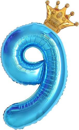 Globo azul claro de 40 pulgadas con corona número 9 y corona pequeña para decoraciones de fiesta de cumpleaños de 9 años, suministros de decoración