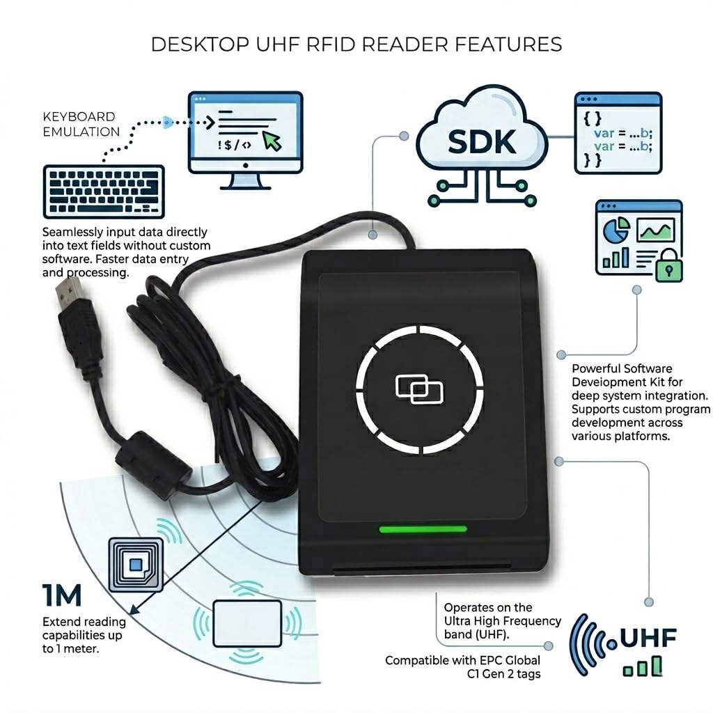 Lecteur RFID UHF 860-960 MHz Prise en charge de l'émulation de clavier et de la lecture/écriture SDK intégré disponible Plage de lecture jusqu'à 100 cm