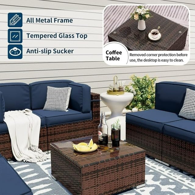 Image of 4PC Patio Furniture Sets, Modular Rattan Outdoor Sectional Furniture Sofa Set, Wicker Patio Conversation for Backyard, Deck, Poolside Coffee Table Set, (Blue)