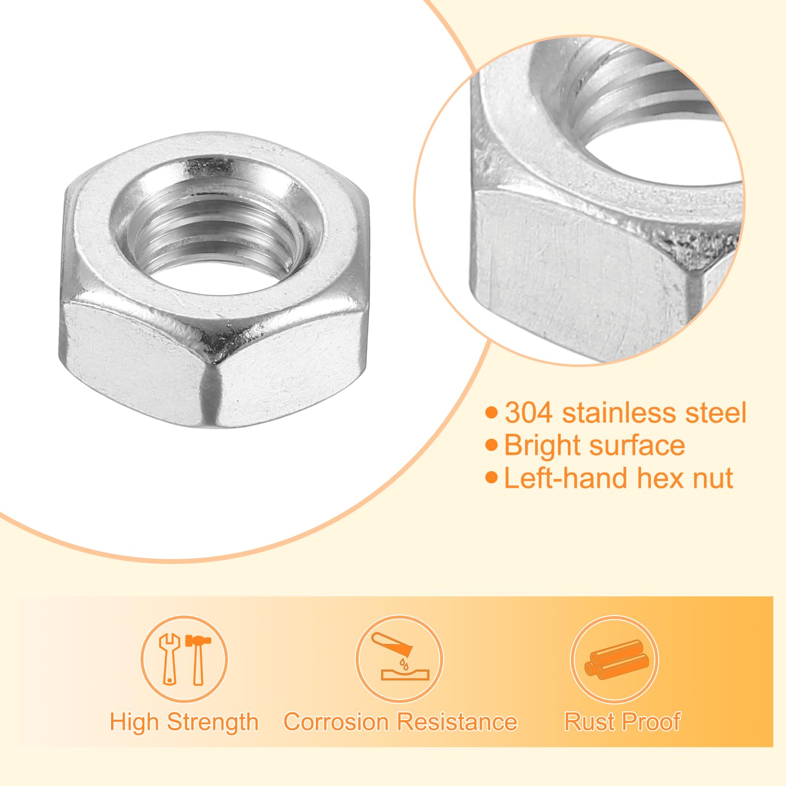 QUARKZMAN Mano Sinistra Esagonale Dado M10x1,5mm 304 Acciaio Inox Mano Sinistra Inverso Esagonale Dado per Assemblaggio e Fissaggio Argento 10pz