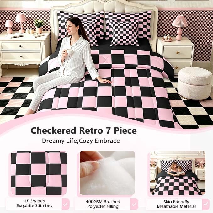 Image of Feelyou Checkered 7 Piece Bedding Set Teen Pink Black Plaid Comforter Set with Sheets Full Size Kids Boys Cute Retro Neutral Checkerboard Geometric Bed in a Bag Vintage Aesthetic Room Decor