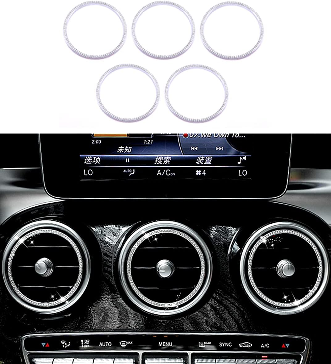 Bling Ring Rhinestone Decorative Circle Air Conditioning Vent Decal Cover Fit for Mercedes-Benz GLC 260 300 C-Class C260 C200 C180 (Air Outlet Inner Ring, Silver)