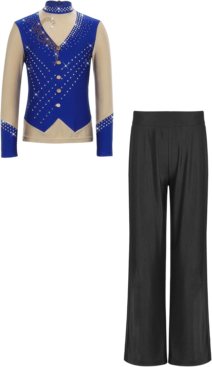 Sparkly Figure Ice Skating Outfits for Boys 2-in-1 Long Sleeve Shirt with Pants Latin Ballroom Dance Sets