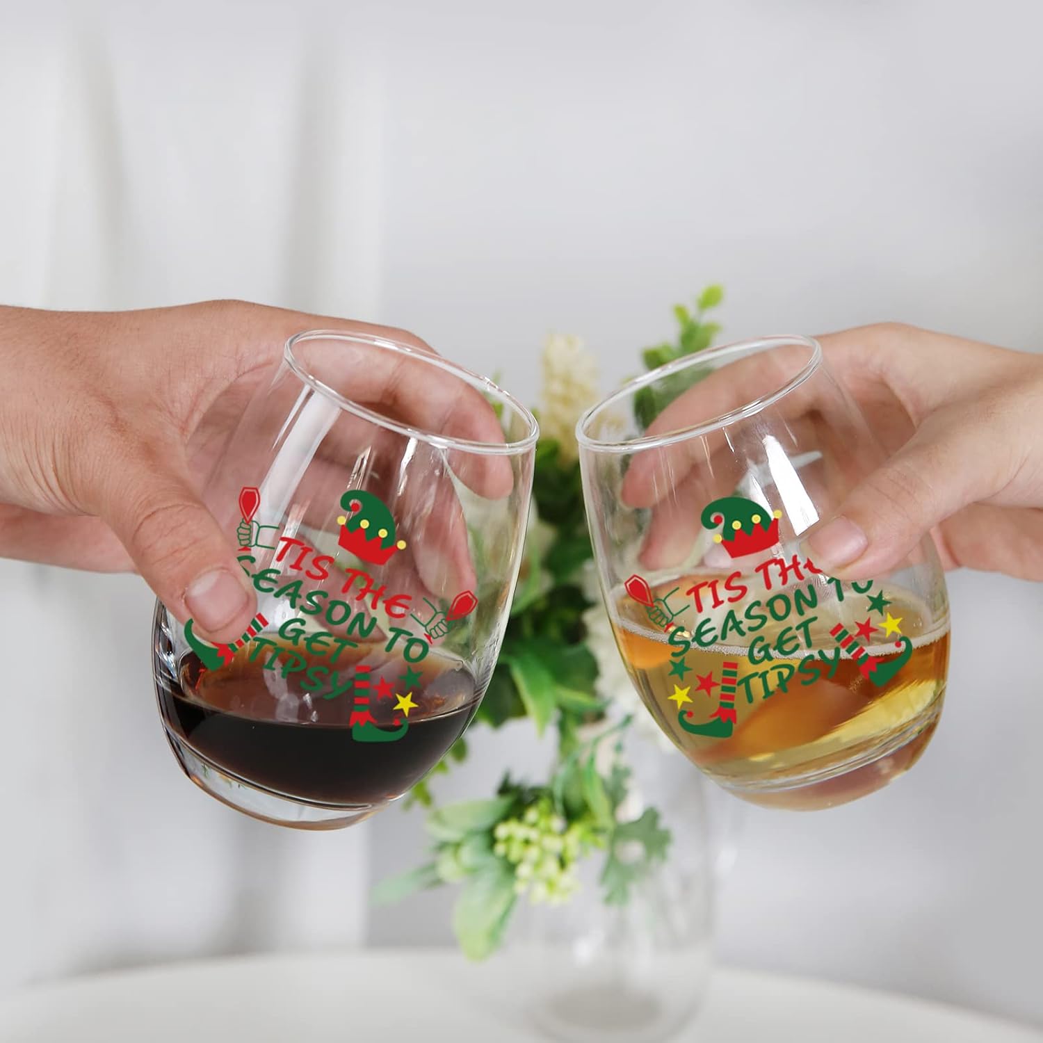 Tis the Season to Get Tipsy Christmas Stemless Wine Glass, Christmas Gift Wine Glass for Friends Dad Mom Women Men Family Christmas Holiday Wedding, 15 Oz, Set of 2 - Image 4