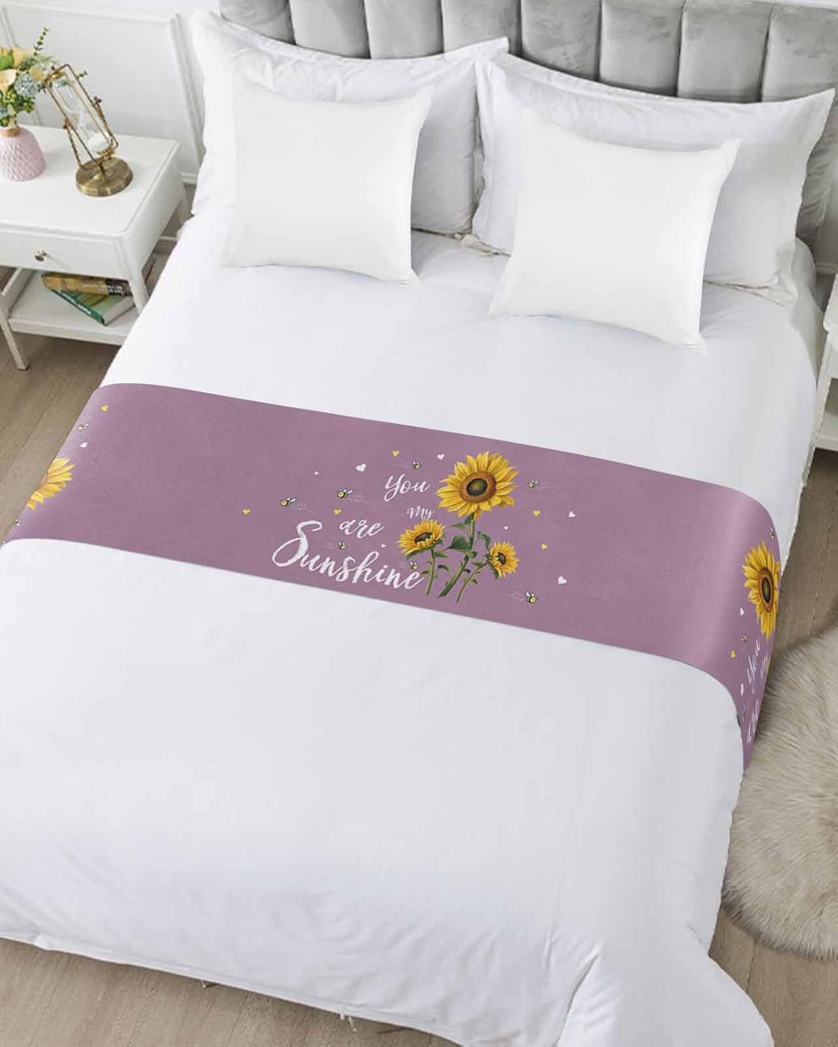 Bed Runner Scarf Your are My Sunshine Sunflower Bee Purple Bedding Scarf Decorative Bed Runners Cover for Home Bedroom Hotel Wedding Room Bed Scarf for Foot of Bed King 102x20in