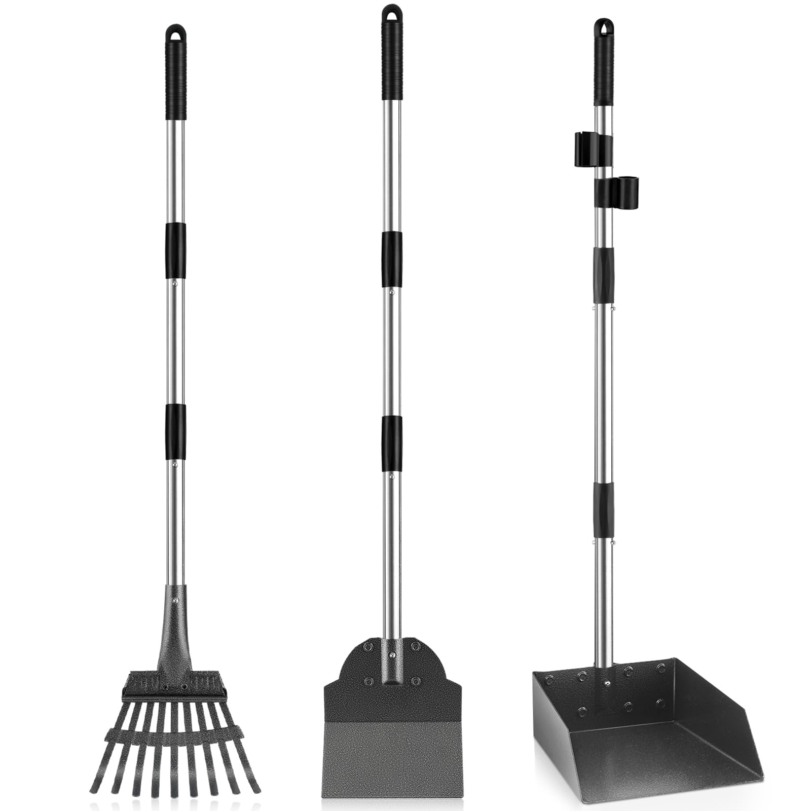 ROIUBPO Pooper Scooper, Long Handle Dog Pooper Scooper, Heavy Duty Stainless Steel Rake, Tray & Spade Set for Pet Waste Removal, Use on Grass, Dirt or