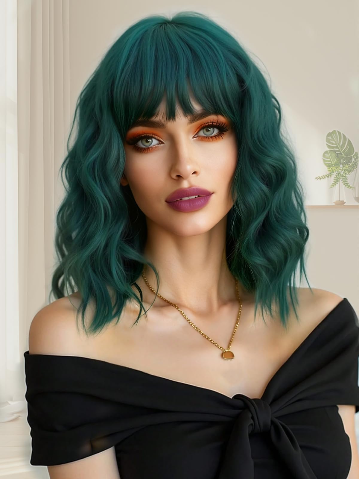 Dark Green Wig With Bangs Short Wavy Curly Bob Wig With Bangs Color Dark Green Wigs For Women Synthetic Heat Resistant Wigs for Halloween Costumes Cosplay Daily