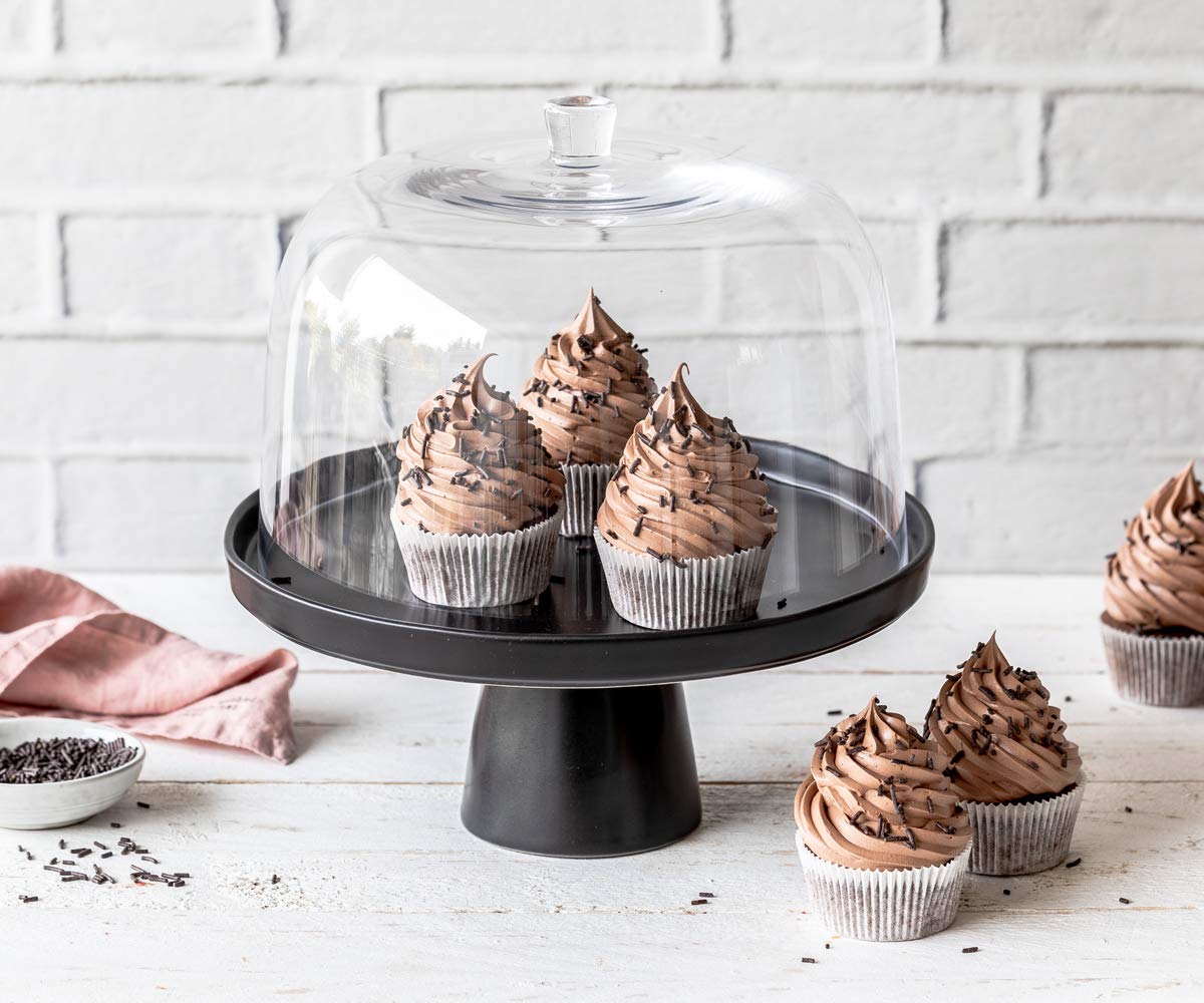 Tortenplatte mit Fuß Puro Medium in Schwarz Matt mit Glashaube Ø 27 cm Tortenständer Kuchenplatte Kuchenständer aus Keramik für Hochzeiten Geburtstage Partys