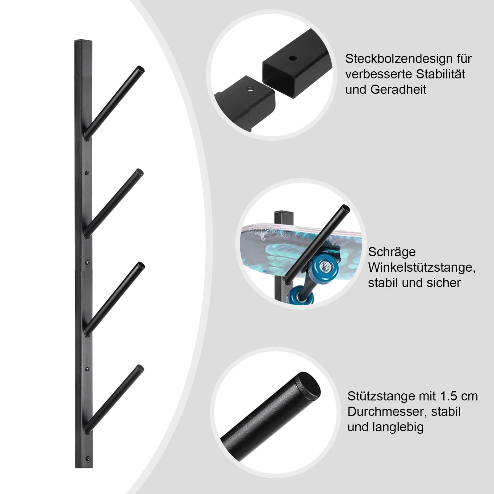 Skateboard Wandhalterung, Skateboard Halterung, Snowboard Wandhalterung, Snowboard Halterung Wand, Ski Wandhalterung – 6-Stockige Halterung, Abnehmbar oder Kombinierbar