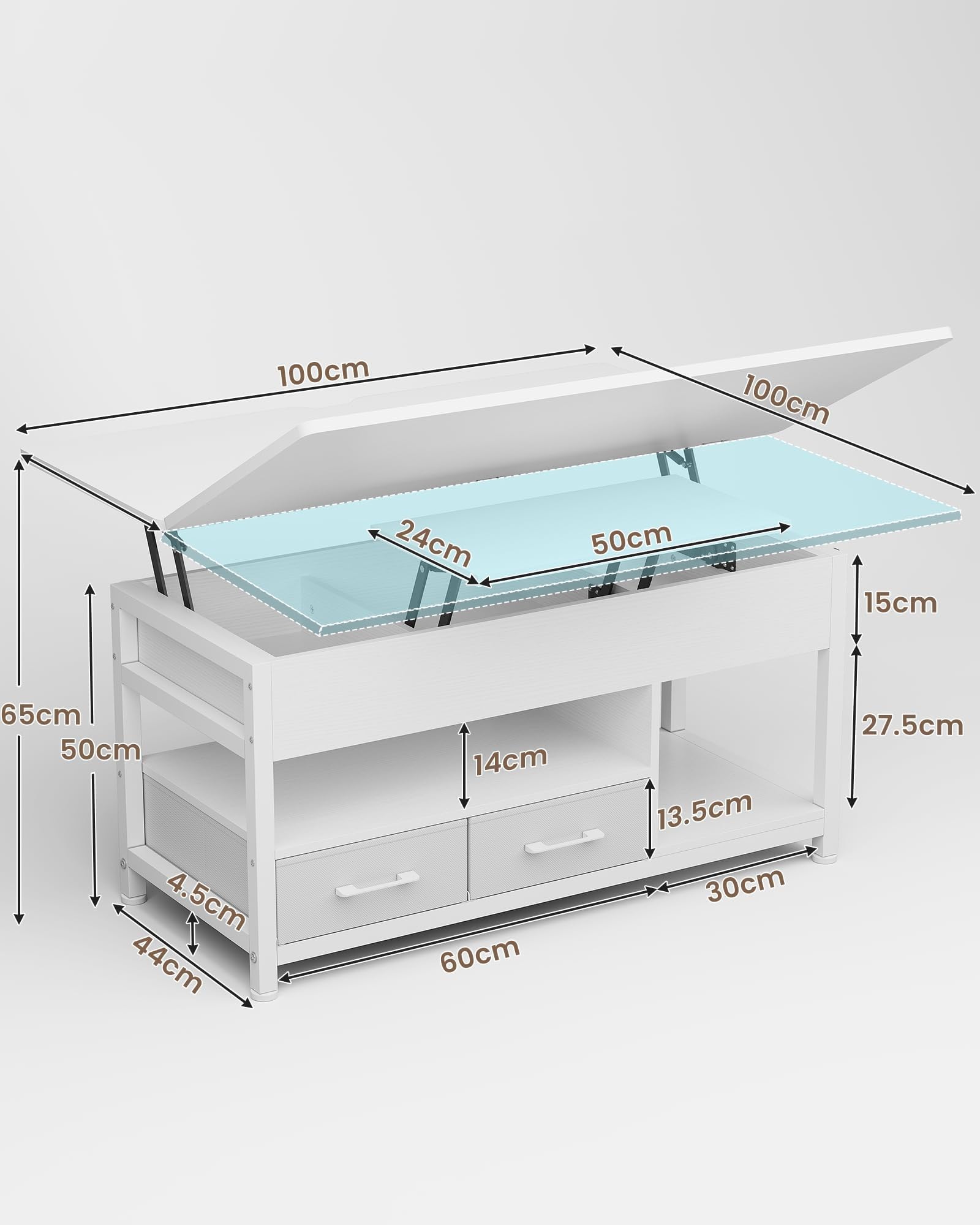 KIMENICH Table Basse Relevable, Table à Manger avec Plateau Pliant, avec 2 Tiroirs, avec Étagère de Rangement et Compartiment Caché, Tables Basse Extensible 3 en 1 pour Salon, Bureau (Blanc)