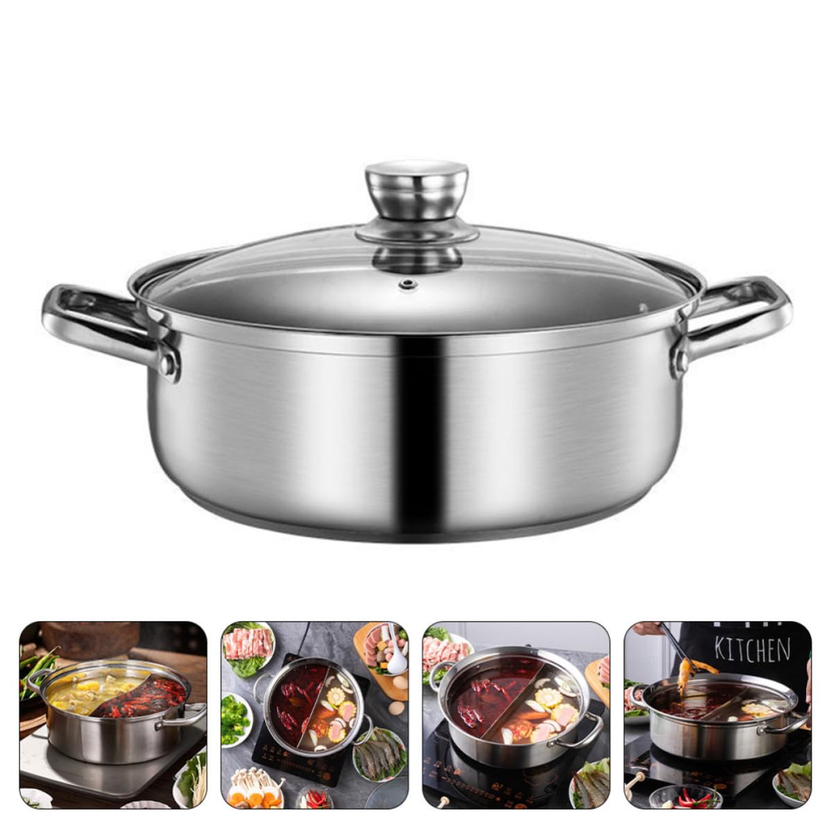 Pentola per Shabu in Acciaio Inossidabile 304 Design a Griglia e Manico Termoisolante, Adatta per Cucina Domestica e Piani Cottura a Induzione