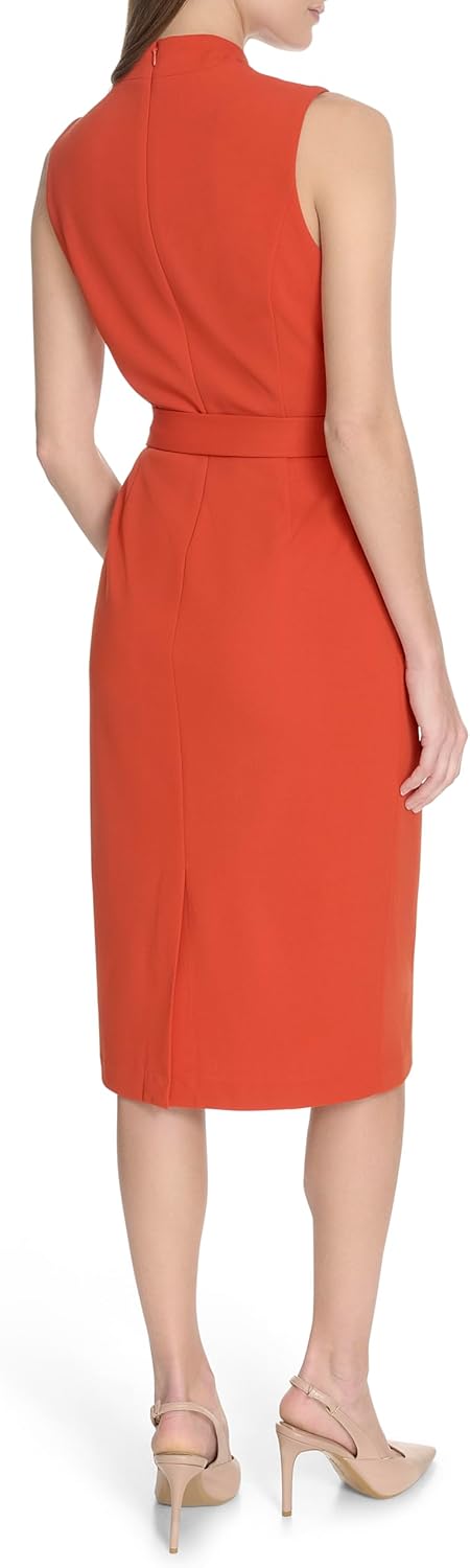 Calvin Klein Womens Sleeveless Stand Collar Tie Waist Crepe Midi Dress - Image 4