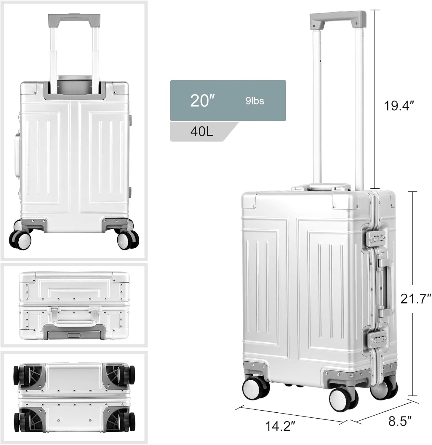 KANGSHILU All Aluminum 20'' Luggage with Removable Spinner Wheels,Provide Spare Wheels.Carry on Luggage 22 x 14 x 9 Airline Approved Lightweight Metal Hard Shell Zipperless Suitcase - Image 8