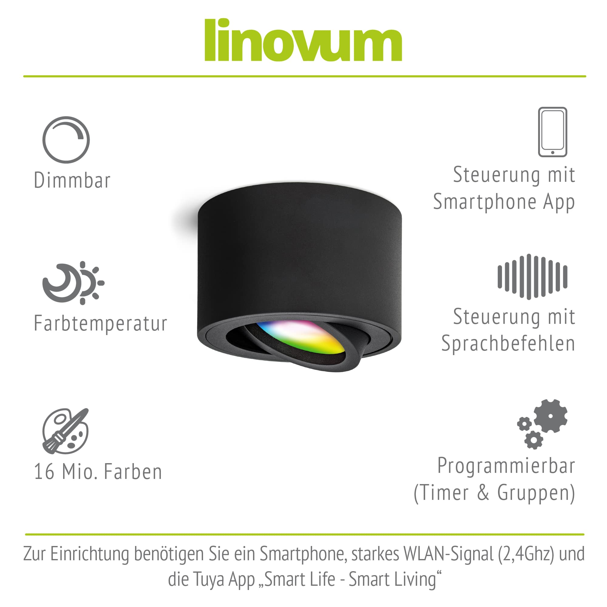 linovum 4er Set SMOL Aufputz Deckenlampe schwenkbar kompatibel mit Alexa & Google - Deckenlicht schwarz mit Smart RGB LED 230V