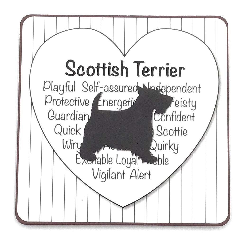 SCOTTISH TERRIER PLACEMAT/ COASTER– dog silhouette in black on white mug, with dog’s characteristics in heart shape on cup. Coffee/ tea coaster. Great gift/ present.