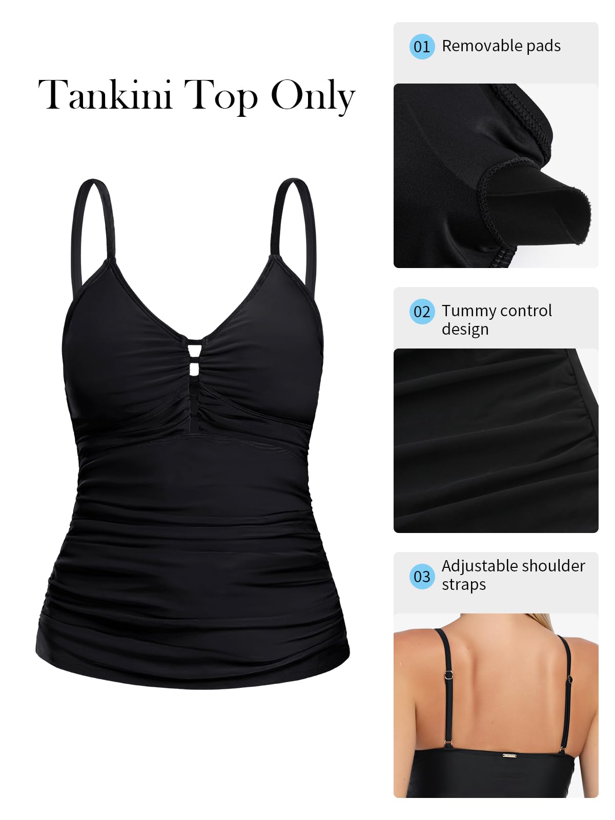 RELLECIGA Costume da bagno da donna con scollo a V arricciato tankini top costumi da bagno controllo pancia solo top