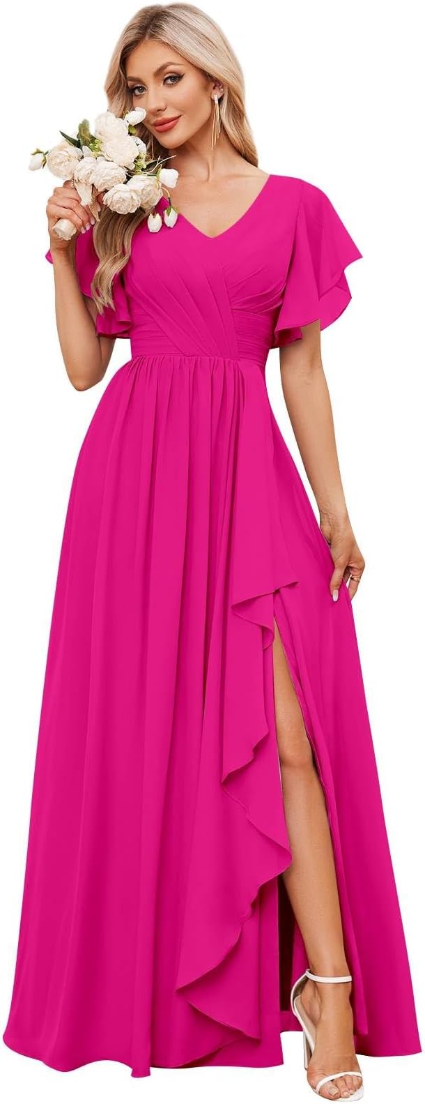 Women's V Neck Short Sleeve Bridesmaid Dresses for Wedding Ruffled Chiffon Evening Formal Gown