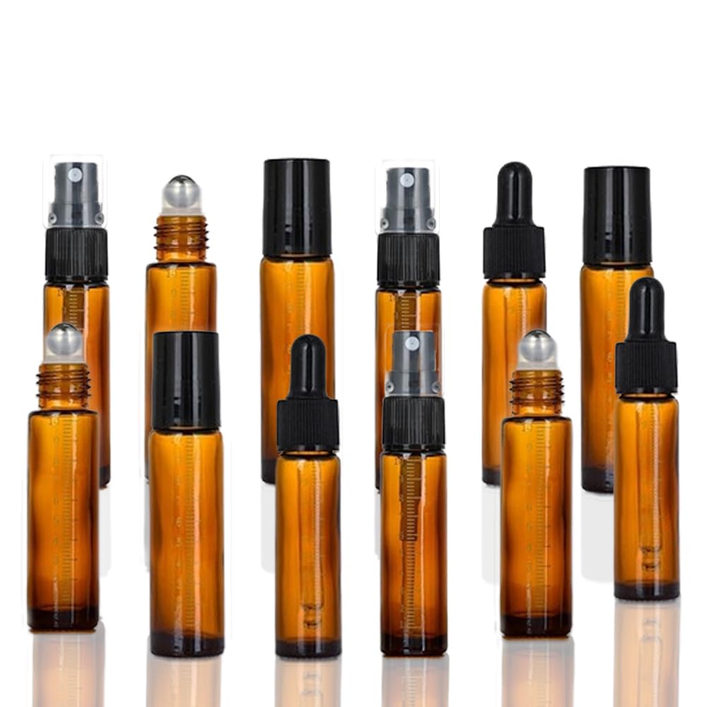 Jhania 12 PCS Essential Oil Roller Bottles Brown Glass Spray Bottles, 10ml Empty Refillable Glass Dropper Bottles for Skincare (4*Roll-on Bottles, 4*Spray Bottles, 4* Dropper Bottles)