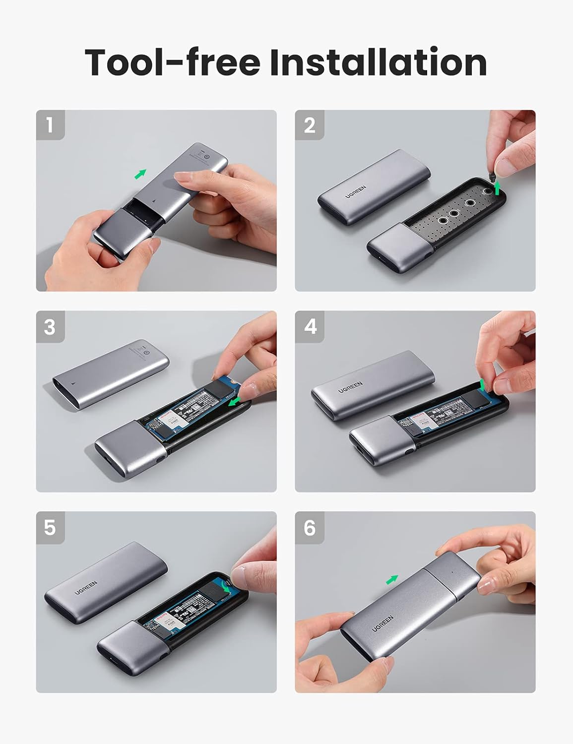 Six-step visual guide for tool-free installation of an M.2 SSD into the UGREEN enclosure. Steps show sliding open the case, inserting the SSD, securing it with a rubber fastener, and closing the case.