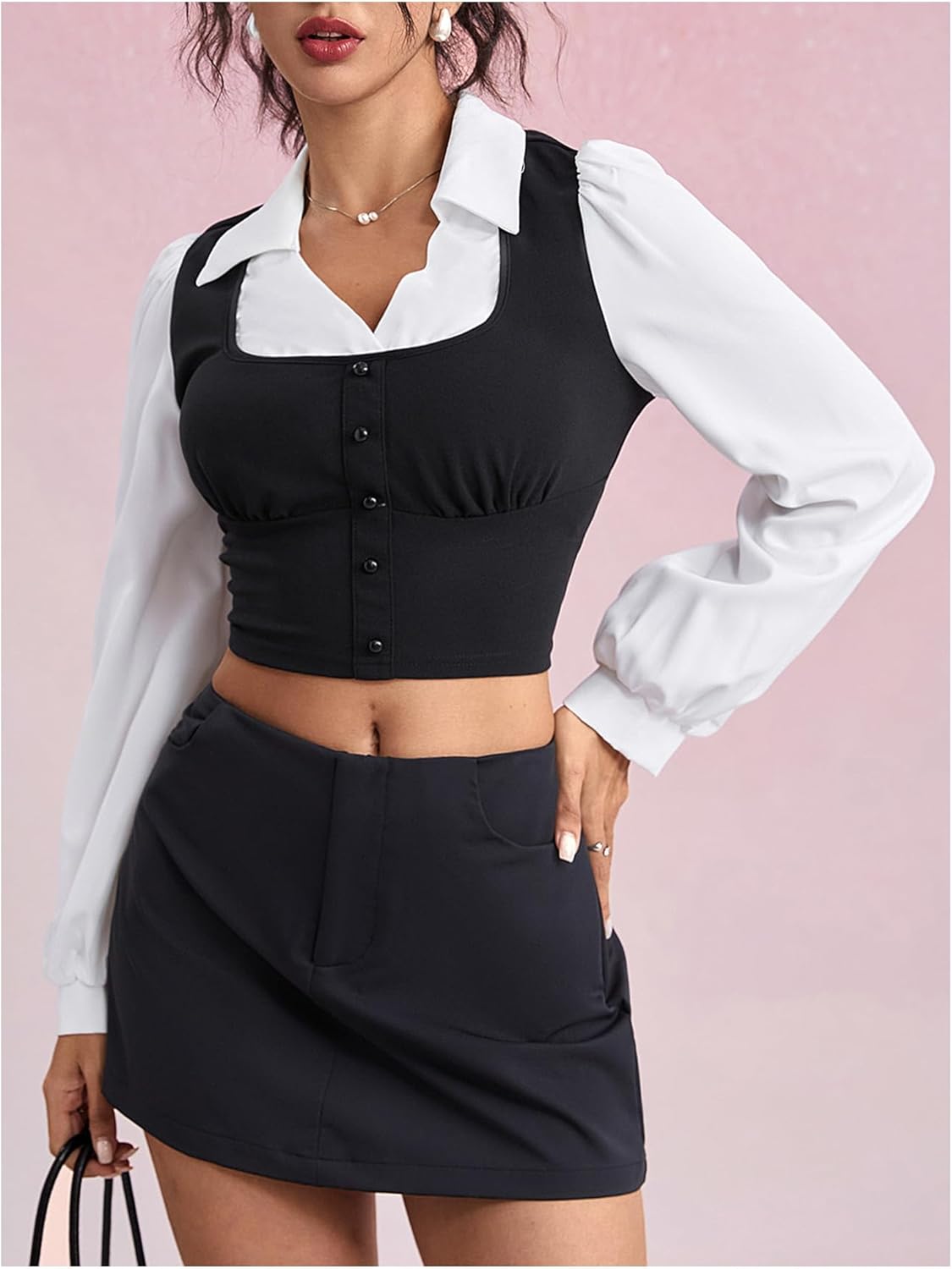 MakeMeChic Women's Collared Long Sleeve Crop Blouse Colorblock Office Work Tops - Image 4