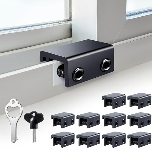 Miniatura 10 de Cerraduras de ventana corredizas (4 juegos), cerraduras de ventana de seguridad con llaves, topes de ventana correderas de aluminio ajustables