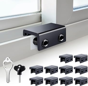 Sliding Window Locks 10 Sets, Security Window Locks with Keys, Adjustable Aluminum Sliding Window Stops, Easy Installation Without Drilling, for Vertical and Horizontal Sliding Windows Black
