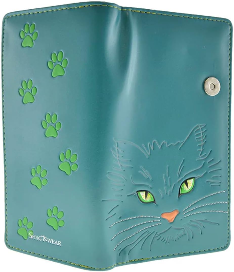 Shag Wear Fluffy Cat Green-Eyed Kitty Large Wallet for Women and Teen Girls Vegan Faux Leather Teal 7"