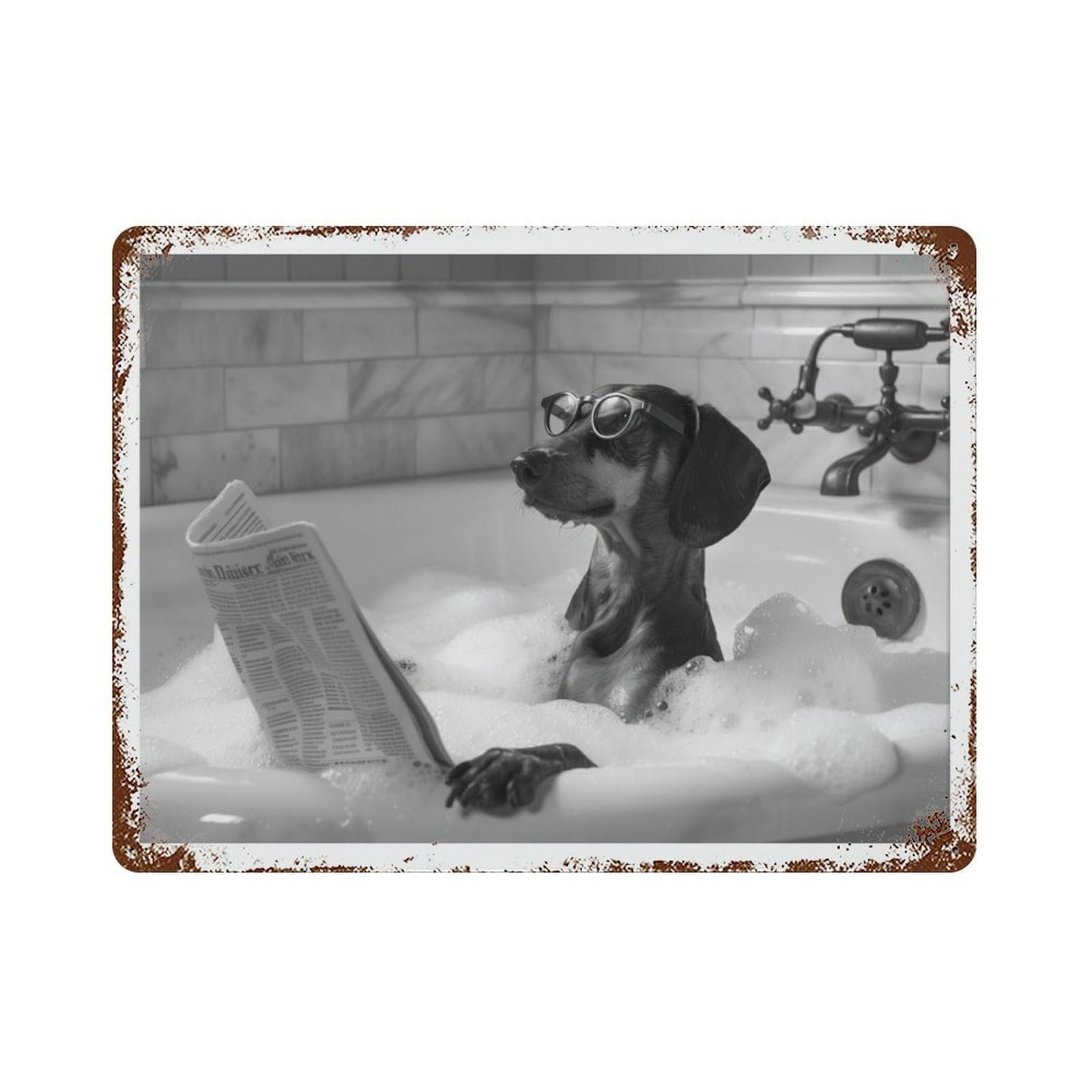 xiaoxiaoshen Dachshund Bathtub Funny Wiener Dog in Tub, Doxie Reading Newspaper Wall Decor Art Metal Tin Poster Modern Home Decor Art Home Bar Shop Decorations Vintage Sign 30x40cm