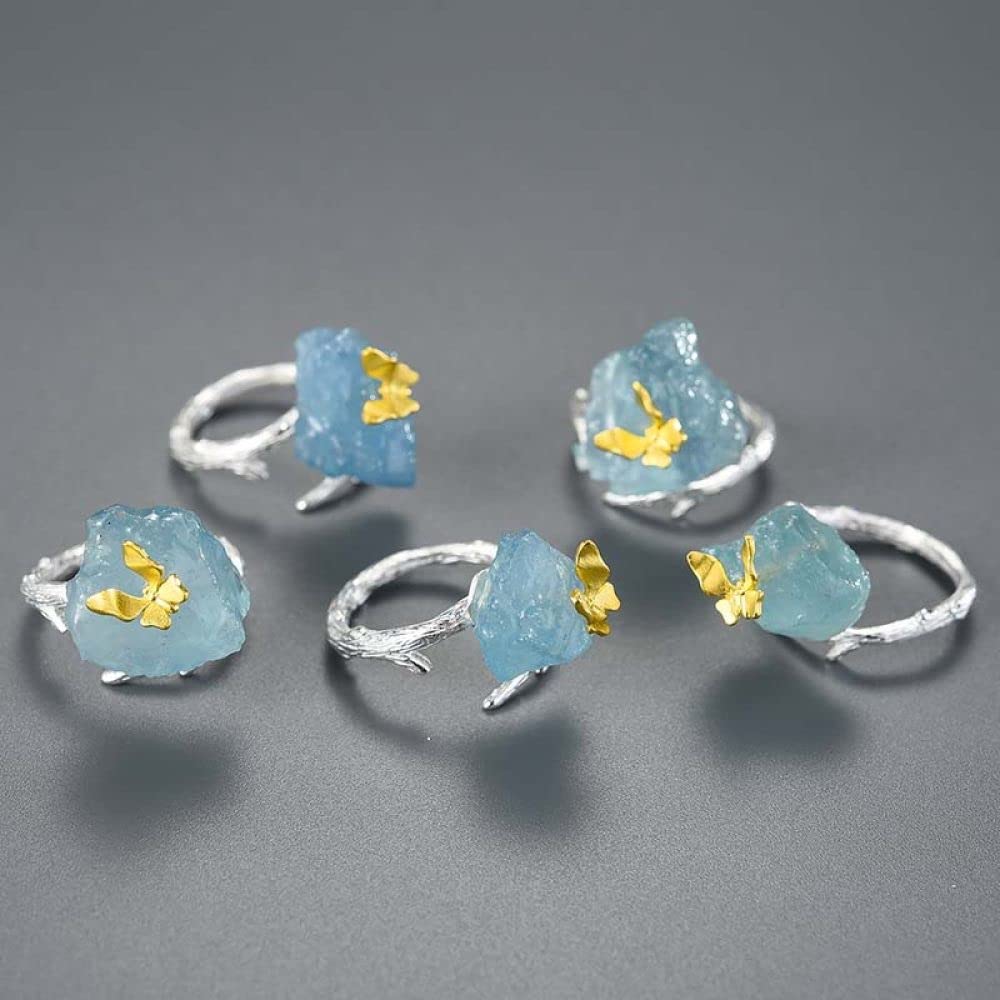 HGJH Ringe Silber, Sterling Silber Ringe Frauen 925 Aquamarin Schmetterling Golden Verstellbare Ringe Mode Elegant Temperament Verstellbare Ringe Energie Charme Schmuck Geschenke Für Männer Damen