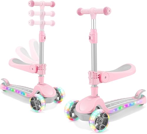 Kids Scooter with Seat, 2 in 1 Kick Toddler Scooter with LED Light-Up Wheels and Light up Deck, 4 Adjustable Heights, Lean to Steer, 3 Wheels Scooter Suitable for Boys & Girls Ages 2-8