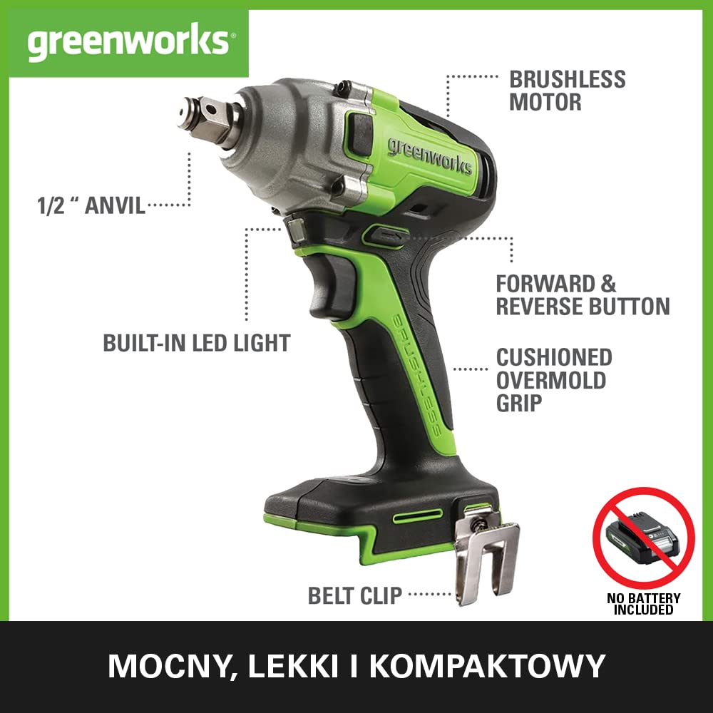 Greenworks GD24IW400 Klucz Udarowy Akumulatorowy z Bezszczotkowym Silnikiem, 0-2800 obr./min, 0-4000 obr./min, Obrót 400 Nm, Złączka 1/2"(1,27 cm) BEZ Baterii i Ładowarki 24V