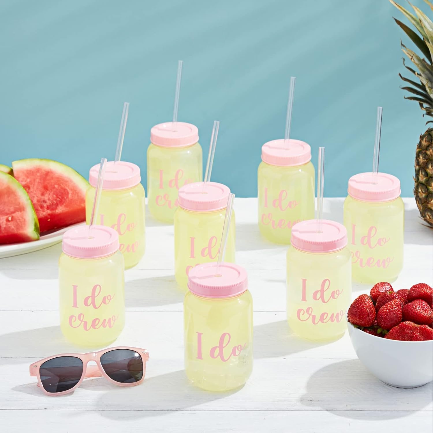 12 Pack I Do Crew Bachelorette Party Cups with Lids, Pink Bridal Shower Mason Jar Gifts (18 oz)
