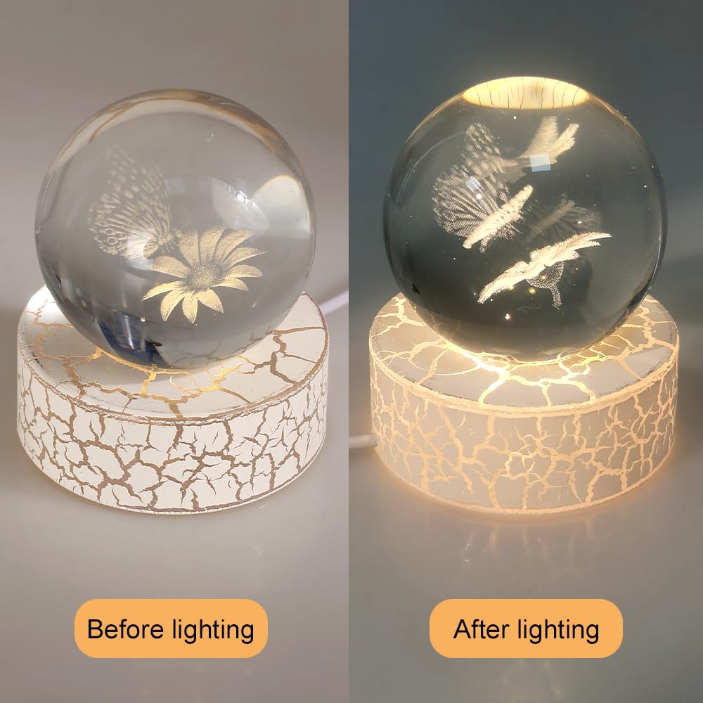 DONGKER Girasoles 3D con bolas de mariposas, bola de cristal de 2.36 pulgadas, flor de mariposa con base de luz para decoración del hogar