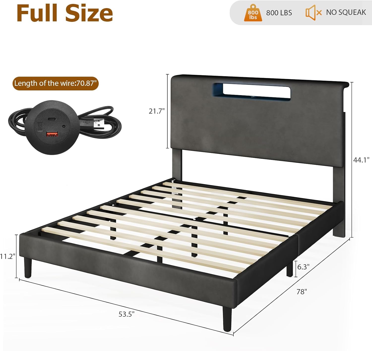 Upholstered Bed Frame with LED Lights and Charging Ports, Super Large Velvet Headboard, Low Noise Mattress Foundation with Thickened Wood Slats, No Box Spring Needed Bed(Black)