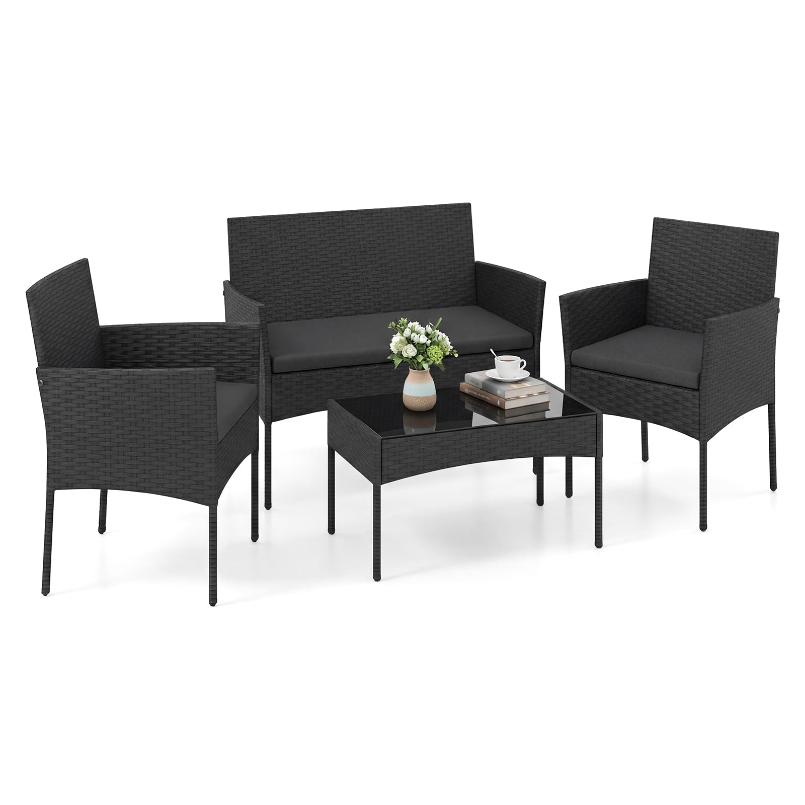 COSTWAY Ensemble Salon de Jardin 4 Pièces en Résine, Mobilier d'Extérieur avec 2 Fauteuils Canapé 2 Places Table Basse Plateau en Verre Trempé Coussins Amovibles, pour Terrasse Jardin (Noir+Noir)