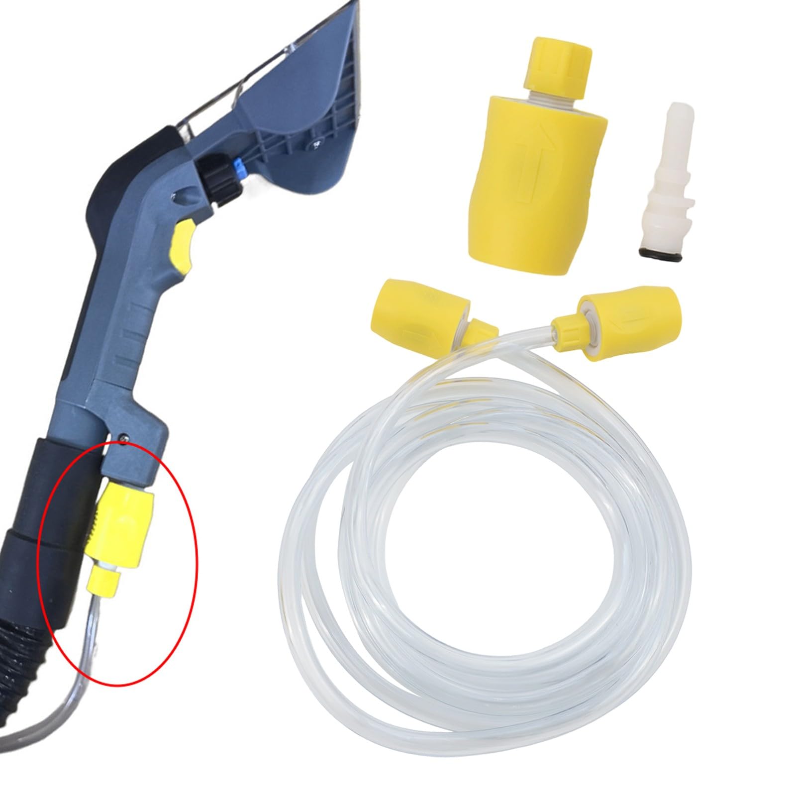 EasyByMall Kit de conector de manguera de repuesto con tubo de agua de 2,5 m para limpiadores de vapor Kärcher Puzzi 8/1 y 10/1, incluye adaptador amarillo y piezas de boquilla