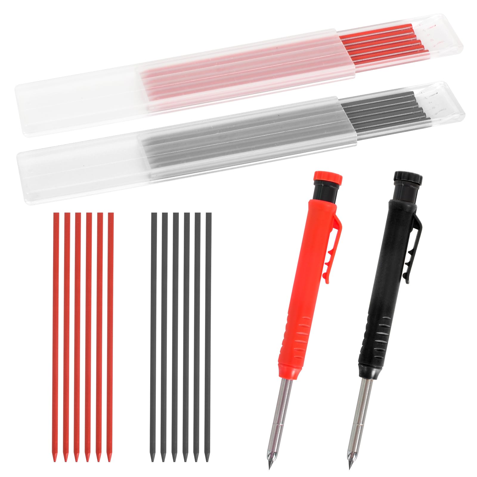 2 Lápices de Carpintero Mecánicos con 12 Minas,Lápices de Carpintería de Agujero Profundo,Set De Lápices De Carpintero Sólidos,Para Hacer Dibujos (Negro+Rojo)