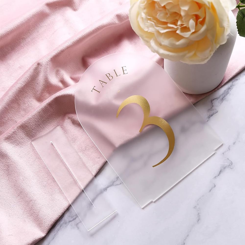 FRANDEK Frosted Arch Wedding Table Numbers 1-30 Set, Gold Foil Printed 5x7 Acrylic Table Signs with Holders, Elegant Centerpiece Numbers for Wedding Reception, Anniversary, Party Decor