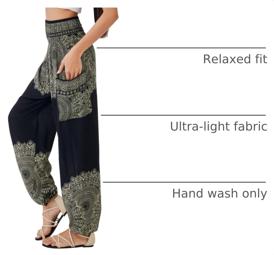 Patterned harem yoga pants shown from the side with the wide hip and gathered ankle cuff visible