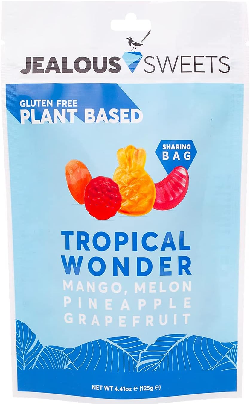 JEALOUS SWEETS Mango Melon Pineapple Grapefruit Gummy Tropical Wonder (1 x 125g Share Bag) VEGAN Gluten & Dairy Free Gummies. Tasty Natural Fruit Chewy Treats. No Artificial Colour, Gelatine Free Gums