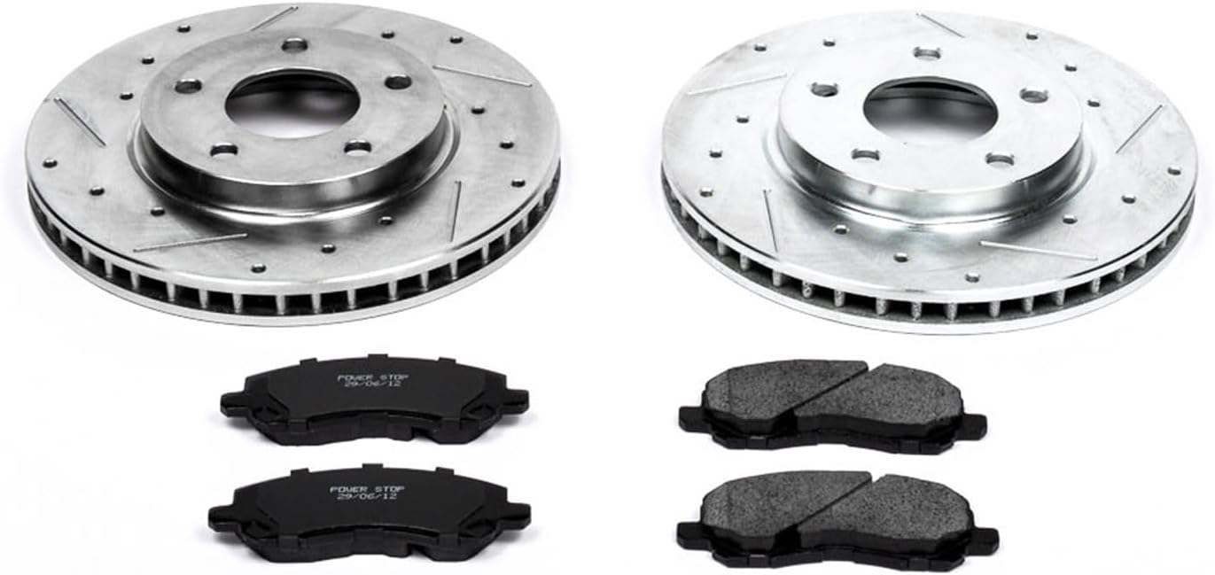 PowerStop Front Brake Kit For Dodge Caliber 2007-12 | Mitsubishi Lancer 2008-17 - Drilled and Slotted Disc Rotors with Ceramic Brake Pads Replacement, K2992