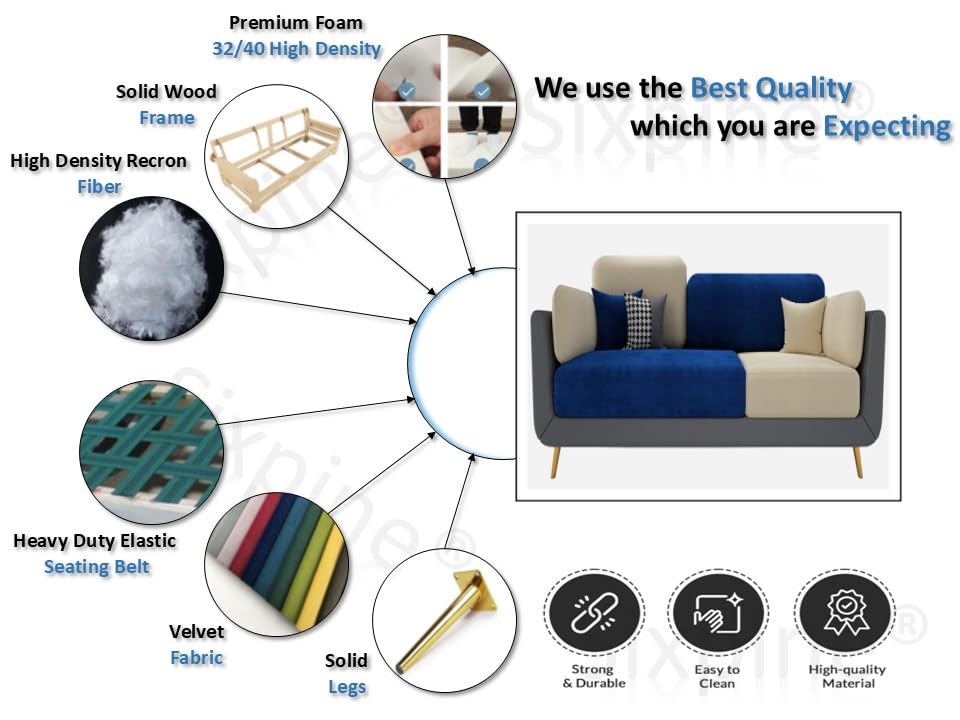 Image of Sixpine Luxury Dual Color Upholstery Sofa in Premium Velvet | Solid Wood Structure | Sturdy Golden Legs | High Density Foam | Extra Comfort for Modern Living Room (Blue & Beige, 3 Seater)