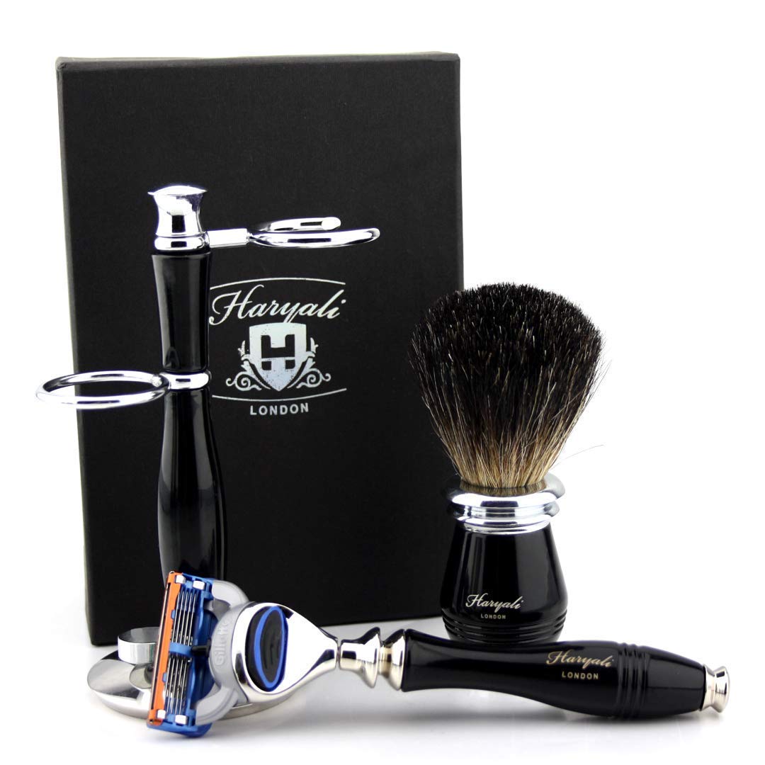 Nuovo design premium lussuoso set di rasatura a umido con manico di lusso e pennello nero puro doppio supporto
