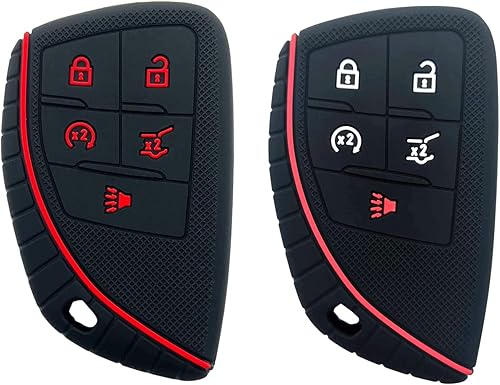 Funda de silicona para llavero inteligente de 5 botones para GMC Sierra 1500 Chevy Chevrolet Silverado 1500 2500HD 3500HD 2023 2022 (negro con rojo